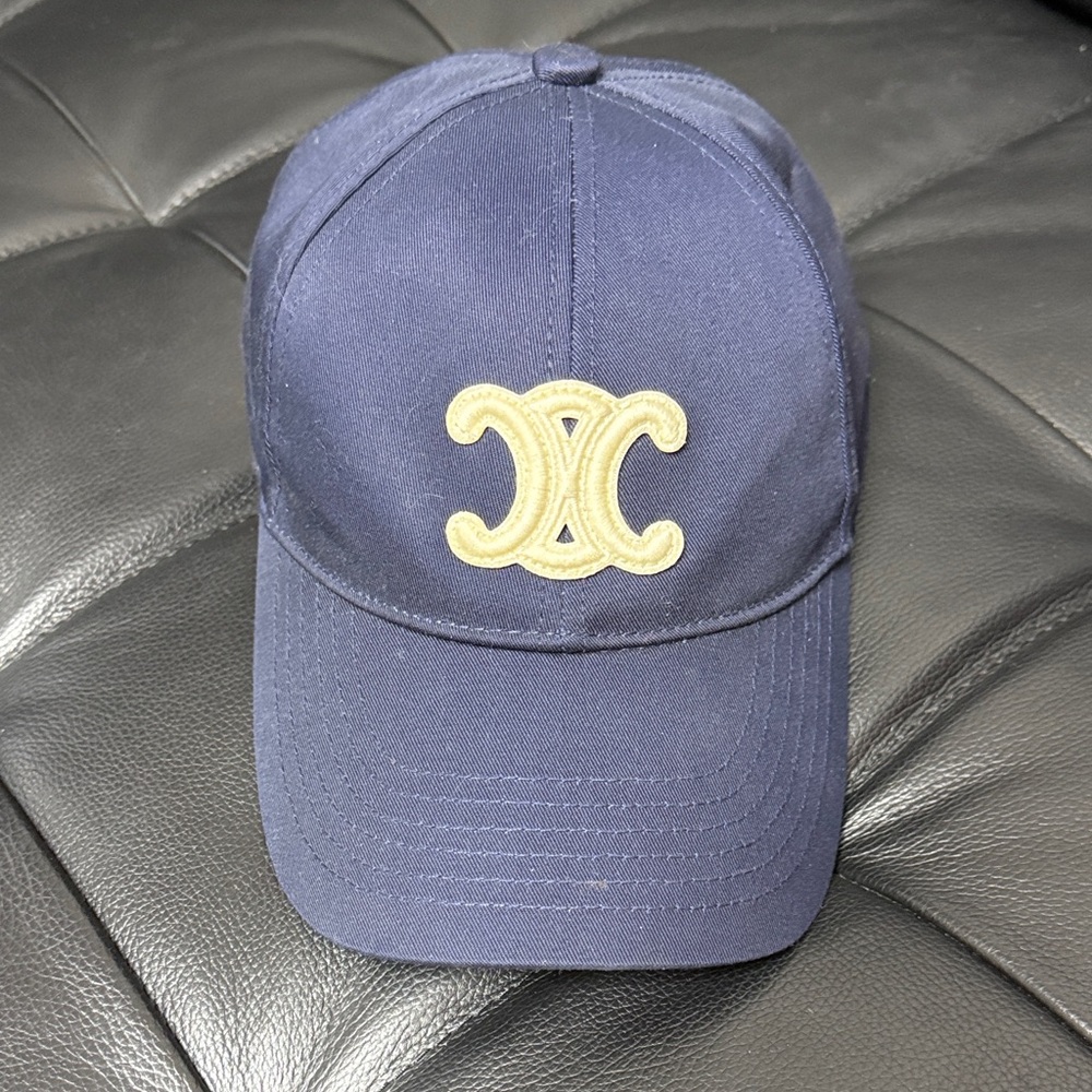 Celine Paris Navy Baseball Cap with Beige Embroidered Logo